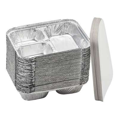 Disposable Aluminum Dinner, Lunch Tray with Paper Lids (Pack of 50) 3 Compartment Foil Pan 8 1/2" x 6 3/8"